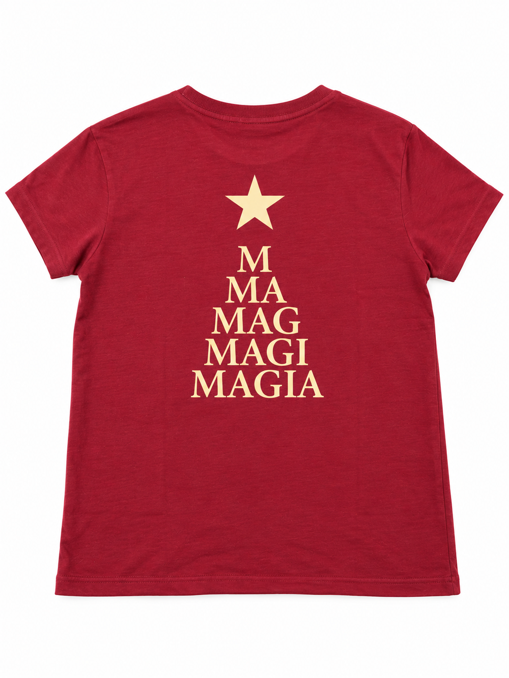 Camiseta burdeos con árbol de letras y estrella color crema en la espalda