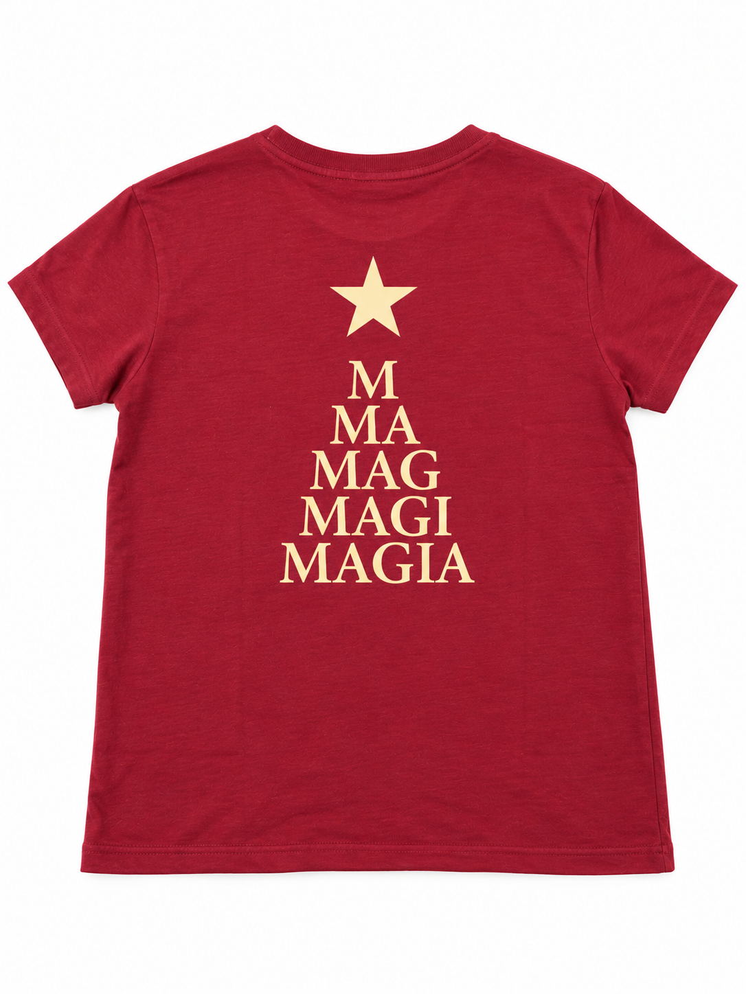 Camiseta burdeos con árbol de letras y estrella color crema en la espalda