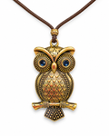 Talismán protector del búho para ser invisible a lo negativo, metal dorado envejecido de 6 cm con cordón marrón