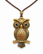 Talismán protector del búho para ser invisible a lo negativo, metal dorado envejecido de 6 cm con cordón marrón