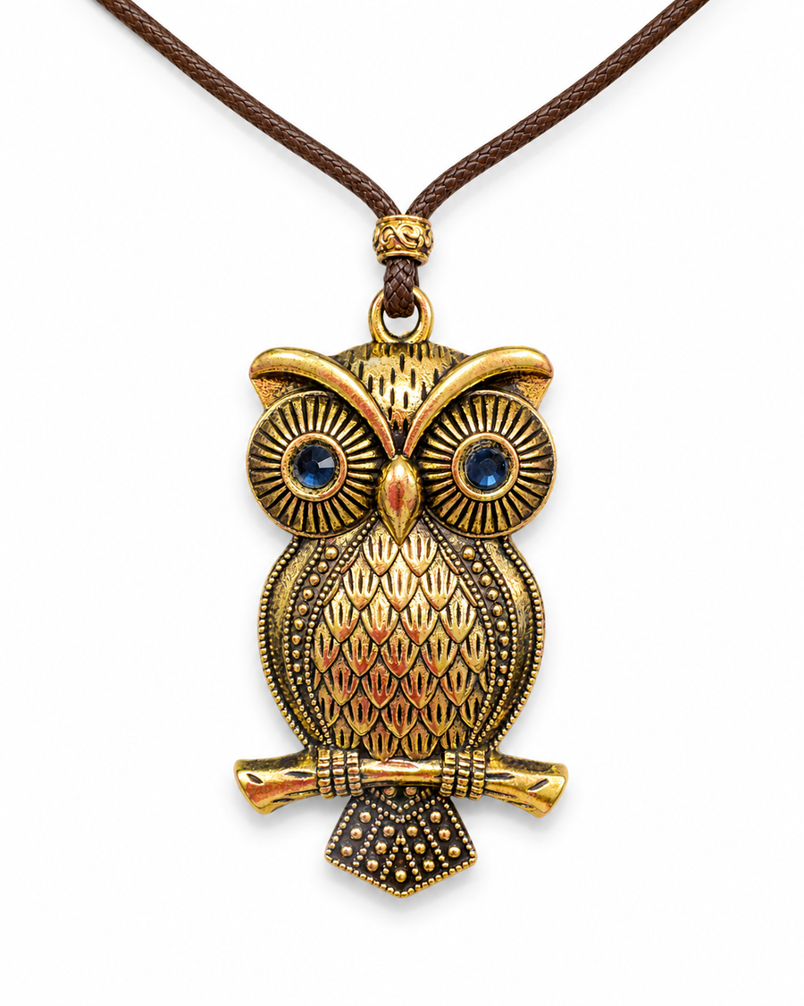 Talismán protector del búho para ser invisible a lo negativo, metal dorado envejecido de 6 cm con cordón marrón