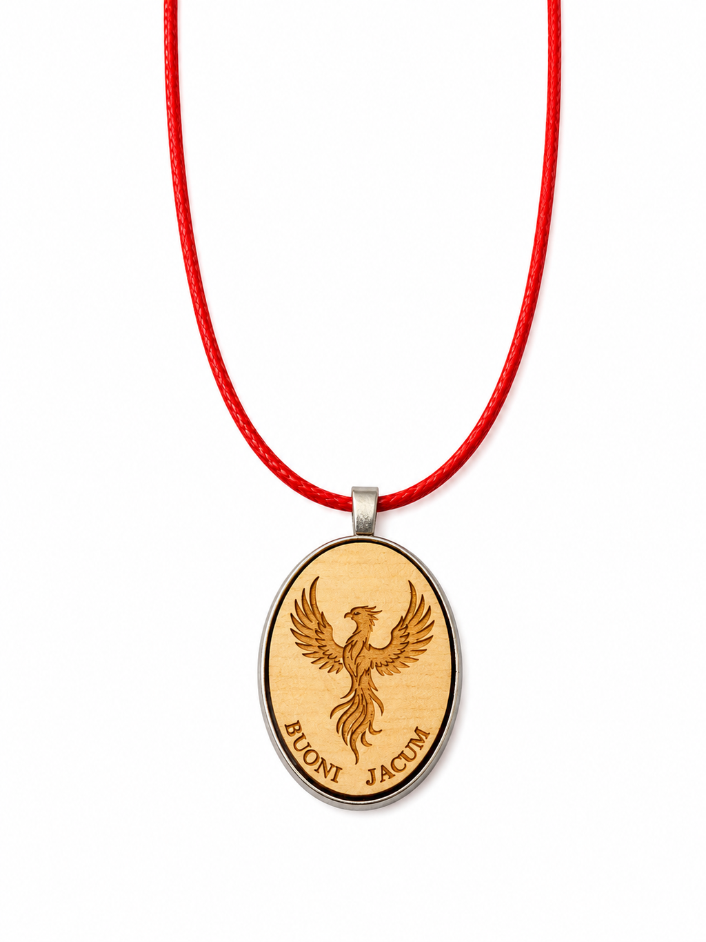 Colgante Talismán del Ave Fénix BUONI JACUM en madera de arce con cordón rojo