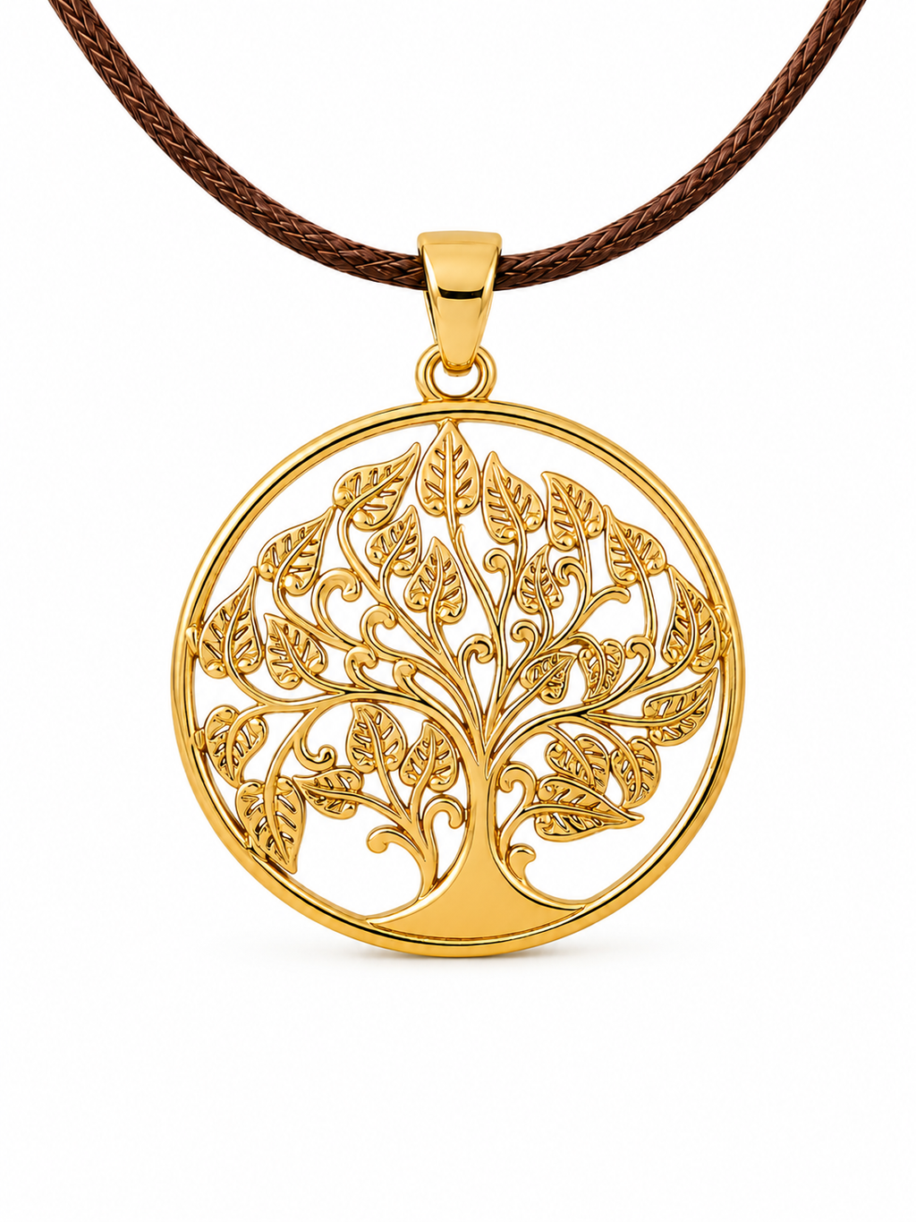 Vista frontal del colgante dorado Árbol de la Vida con diseño calado y cordón marrón sobre fondo blanco.
