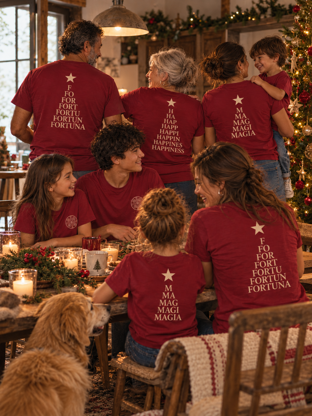 Familia en Navidad con las camisetas burdeos de Magia Amplificadora