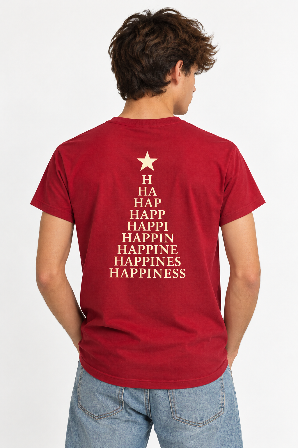 Camiseta HAPPINESS: palabra construida letra a letra en forma de árbol de Navidad con estrella