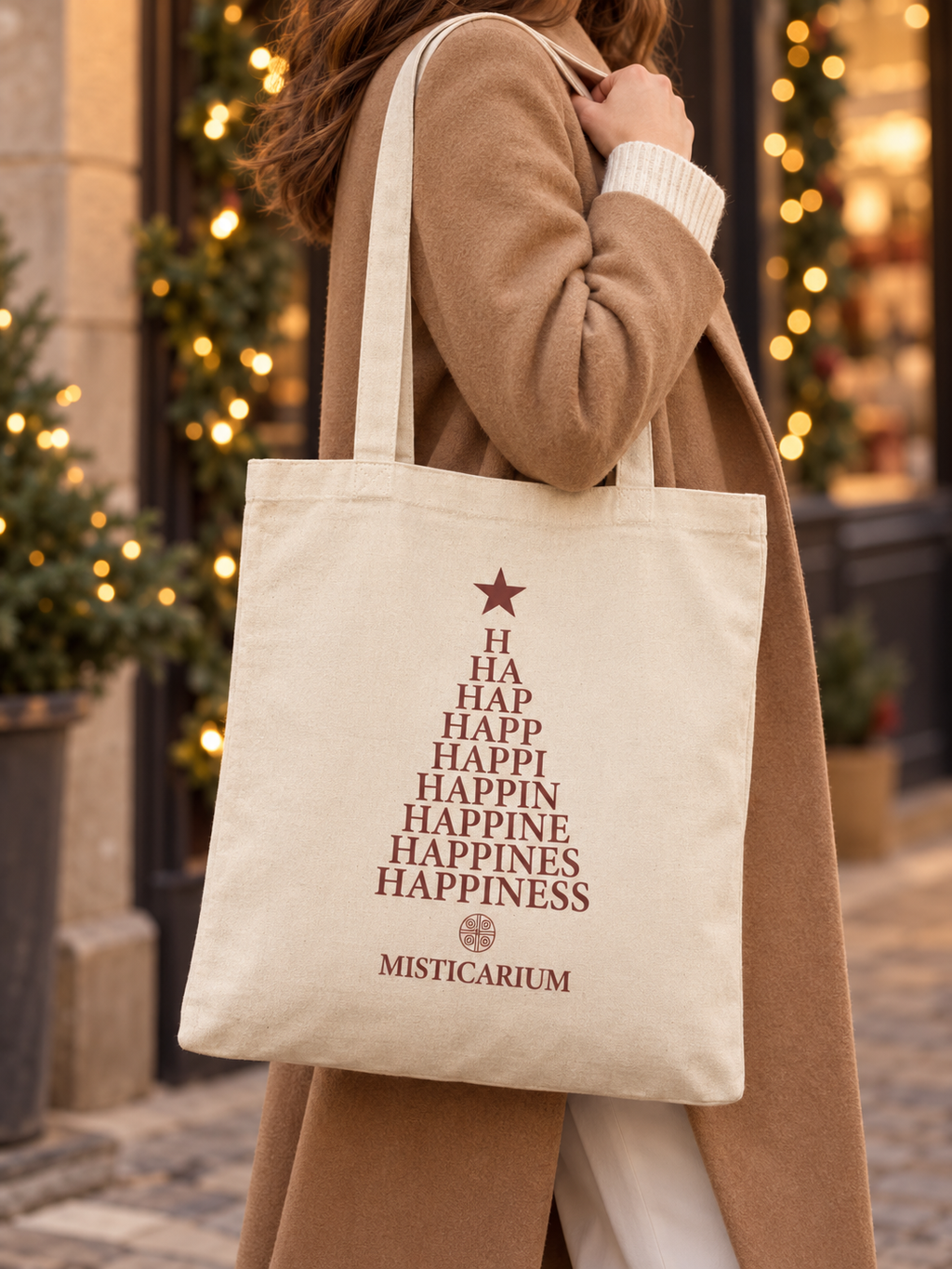 Bolsa tote de algodón con asas largas llevada al hombro