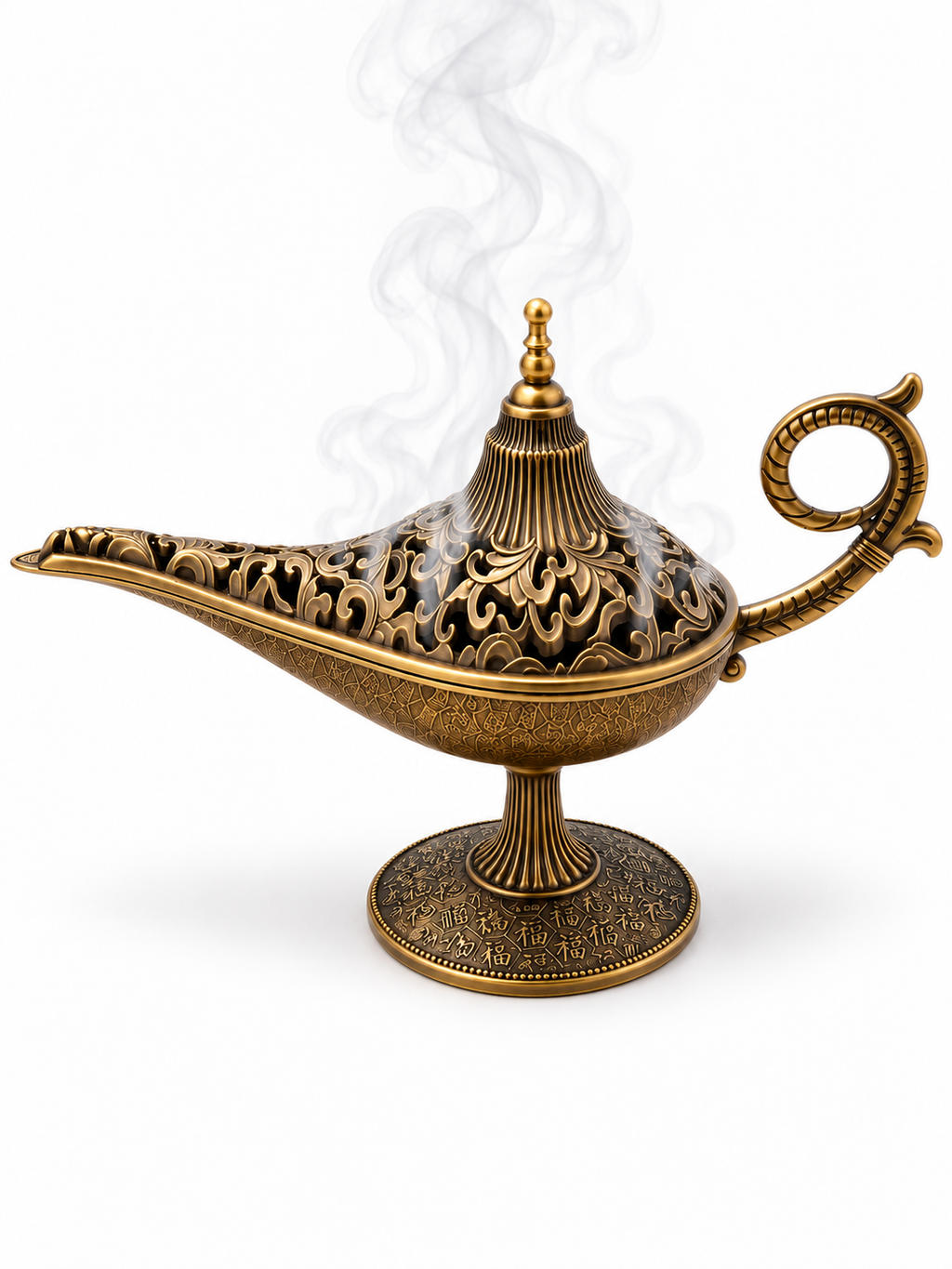 Lámpara mágica decorativa en acabado bronce envejecido con tapa calada y humo de incienso saliendo del interior sobre fondo blanco.