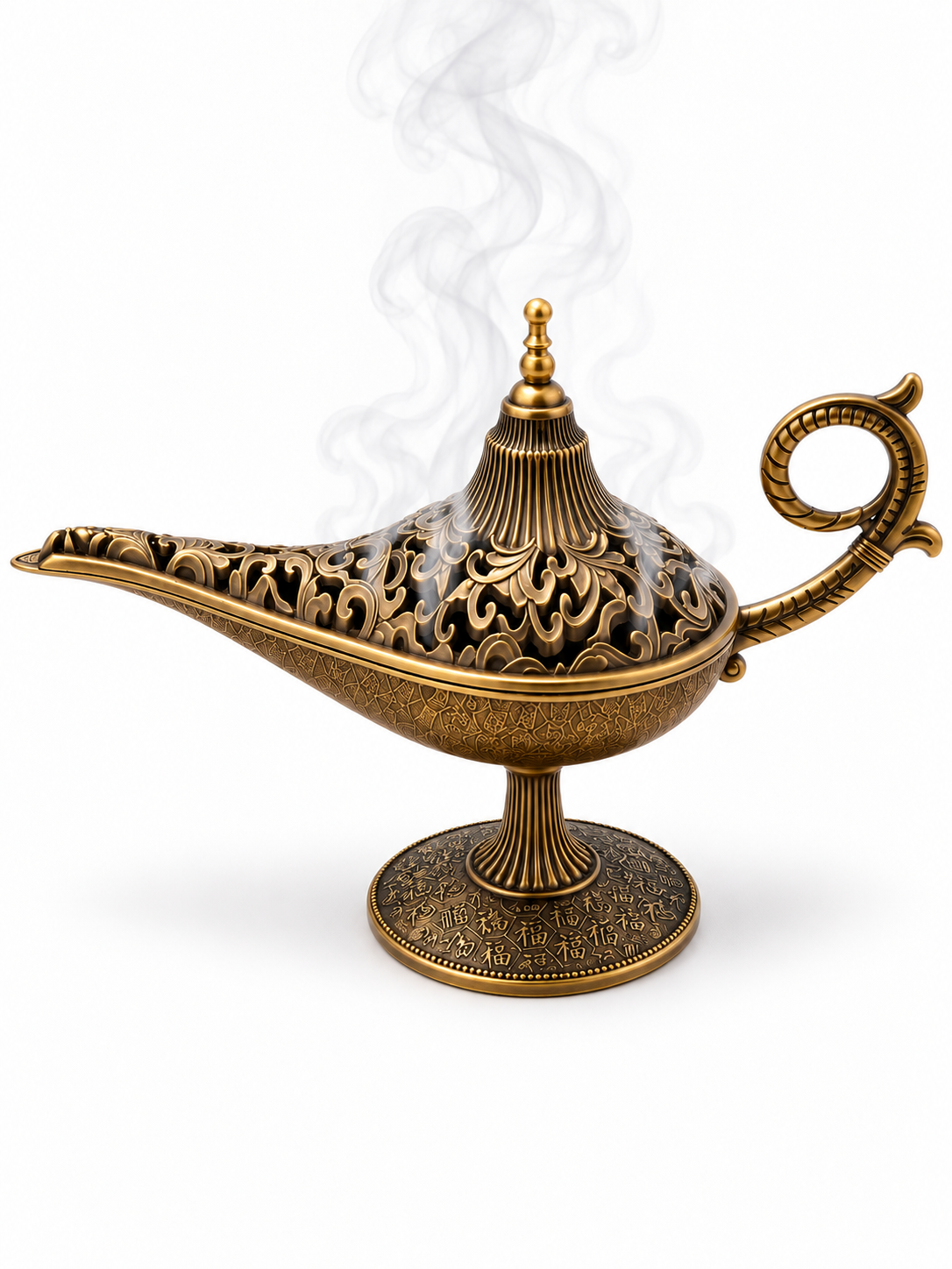 Lámpara mágica decorativa en acabado bronce envejecido con tapa calada y humo de incienso saliendo del interior sobre fondo blanco.
