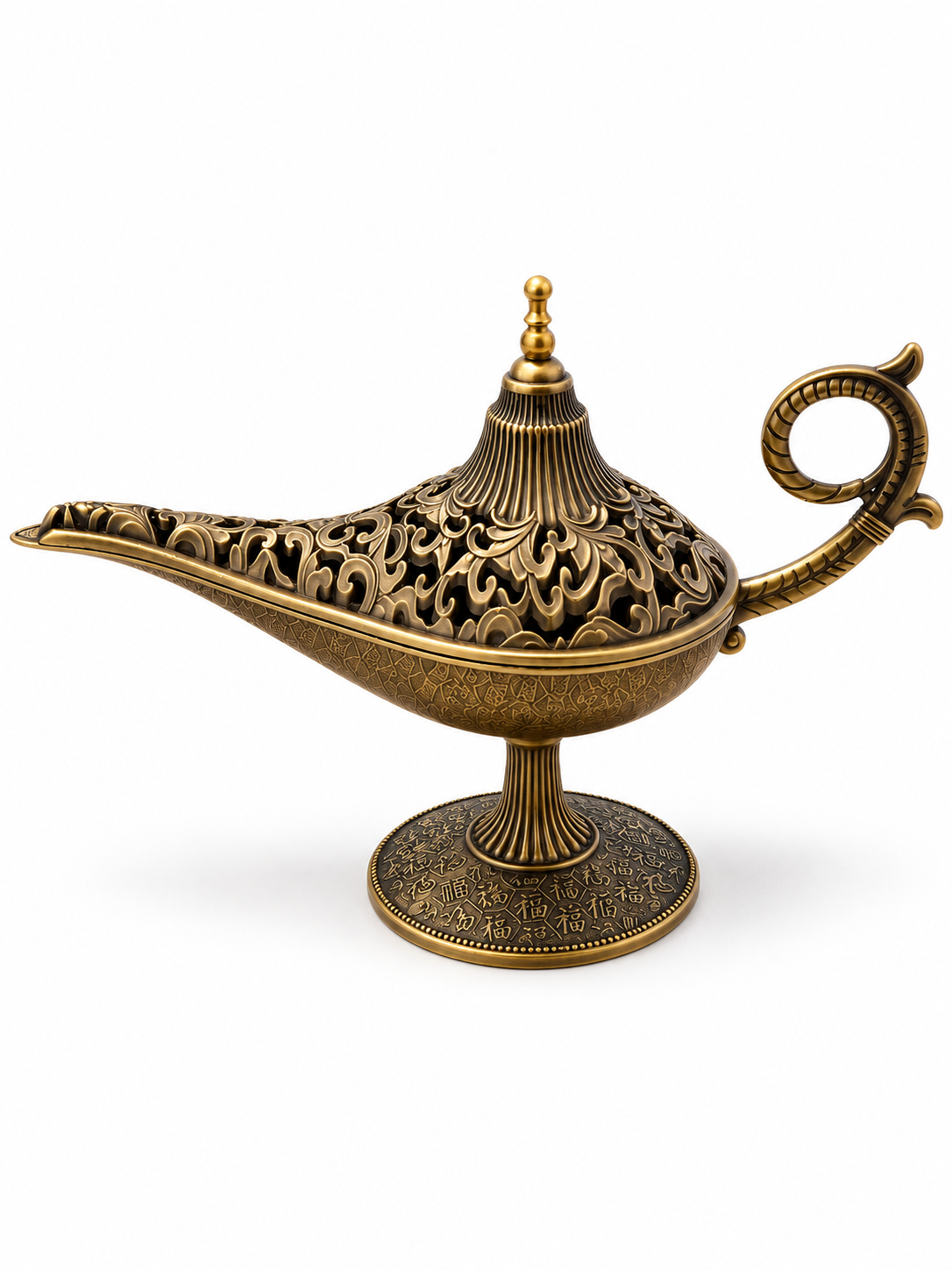 Lámpara mágica decorativa de estilo oriental con acabado bronce envejecido, base grabada y tapa calada sobre fondo blanco.