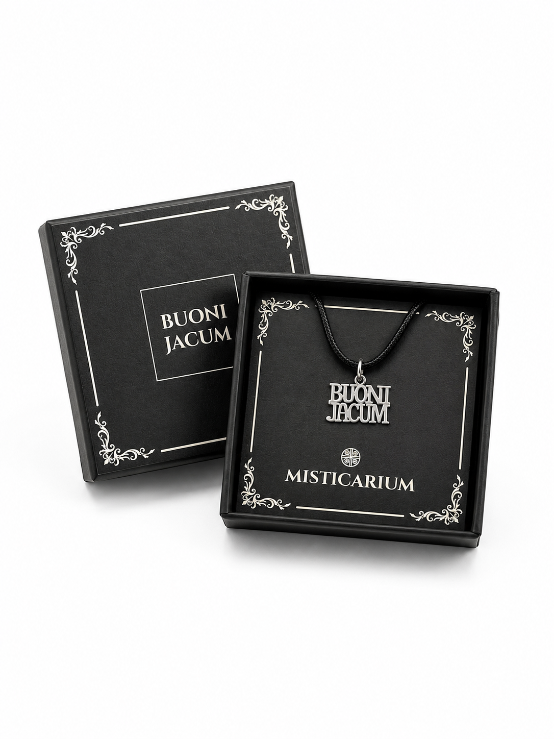 Caja de presentación Misticarium con el colgante BUONI JACUM de plata de ley 925 listo para regalar.