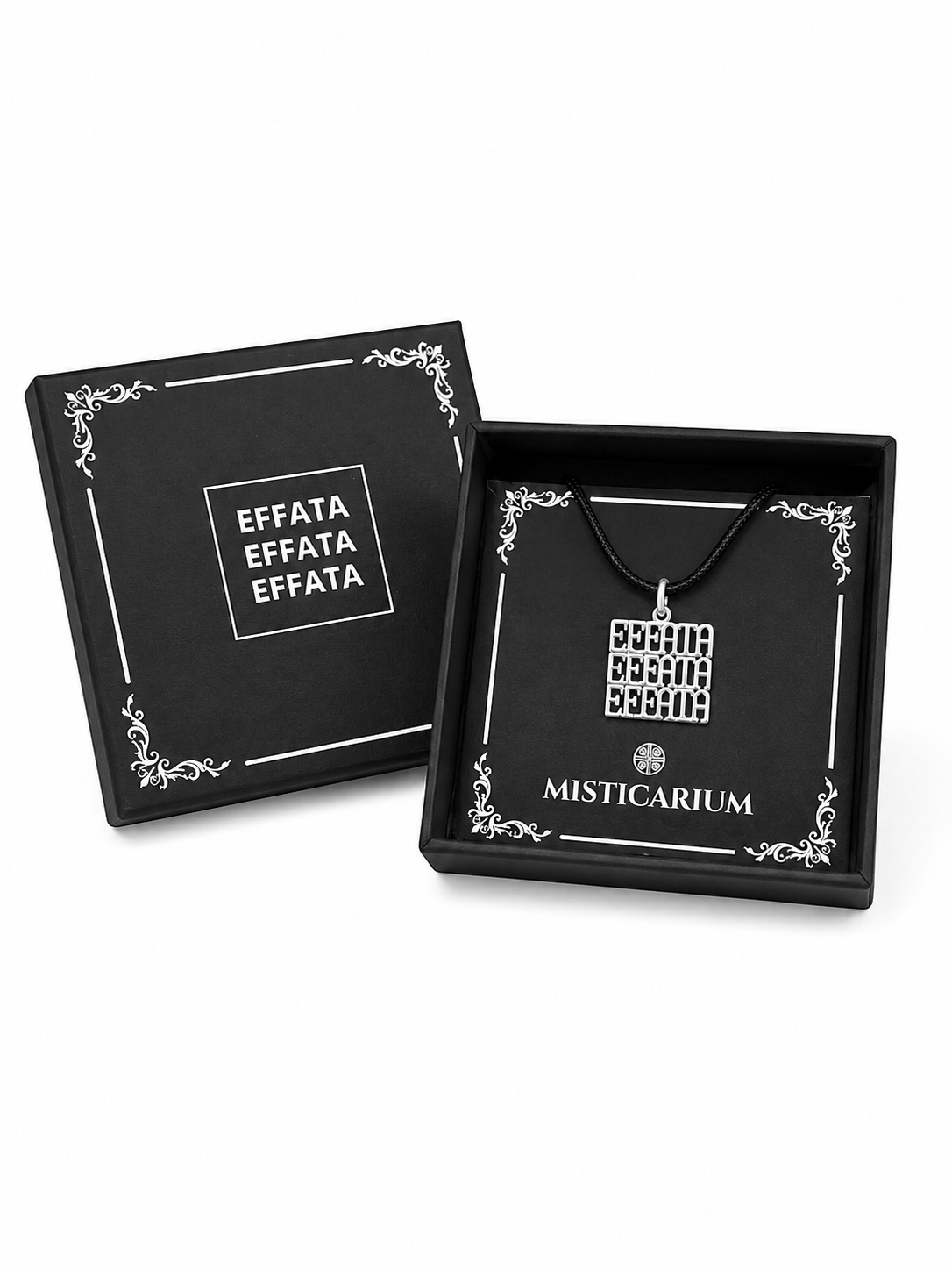 Caja de presentación Misticarium con el colgante EFFATA EFFATA EFFATA de plata 925 listo para regalar.