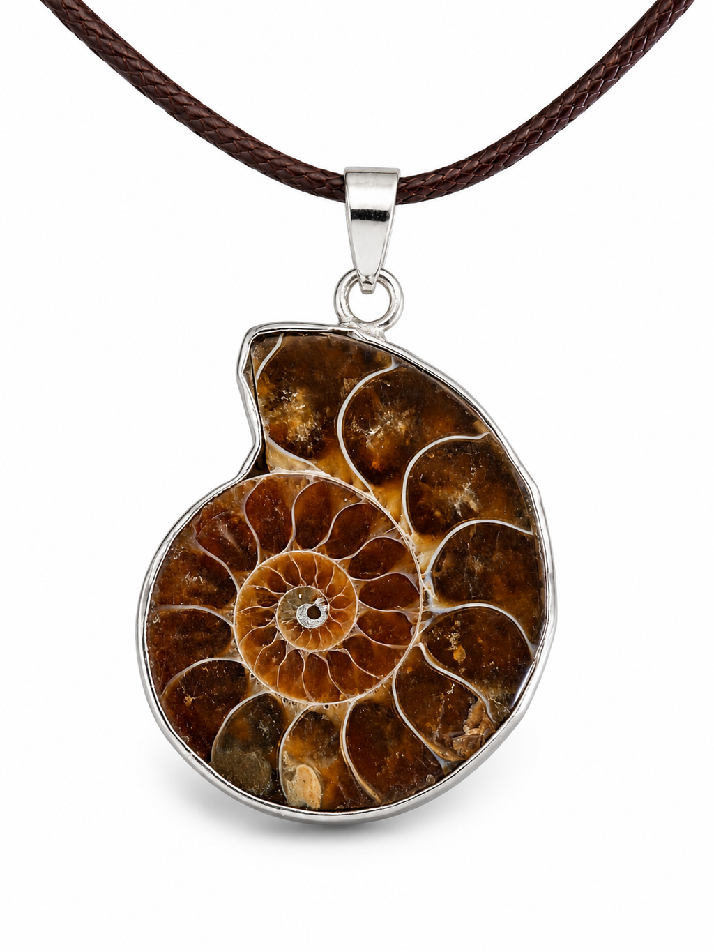 Detalle de la espiral fosilizada de la amonita, con vetas marrón, ámbar y tierra, sobre montura metálica.